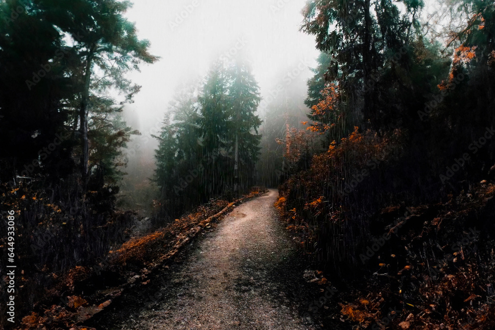 Fototapeta premium mountain autumn landscape with fog and rain