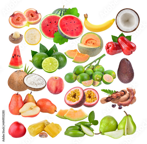 fig; watermelon; melon; banana; Macadamia; coconut; lime; Areca nut; rose apple; Tamarind; passion fruits; pear; jack fruit; avocado; Madan; Peach on white background photo