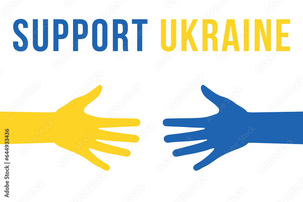 Support Ukraine. Help, save, pray for. Two Hands colors of Ukraine flag. Stop War. Blue and yellow. Vector Illustration Support Ukraine. Help, save, pray for. Two Hands colors of Ukraine flag. Stop War. Blue and yellow. Vector Illustration