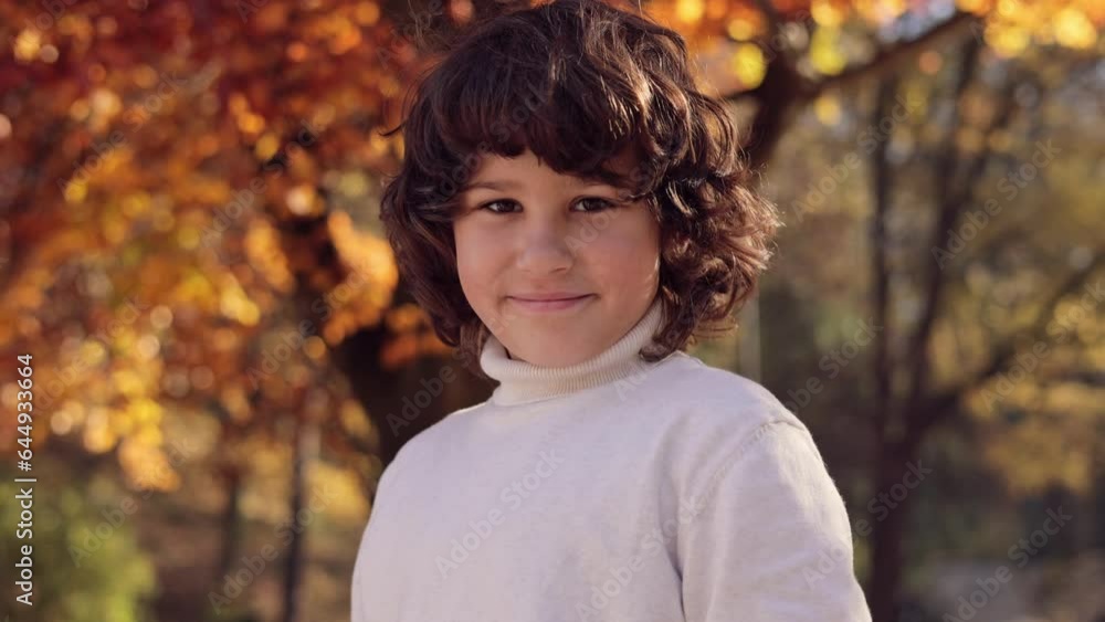 Portrait of cute little boy in autumn park. Smiling brunette curly child posing at sunset in the park surrounded by autumn trees. Nice positive kids. Portrait of cute little boy in autumn park. Smiling brunette curly child posing at sunset in the park surrounded by autumn trees. Nice positive kids.