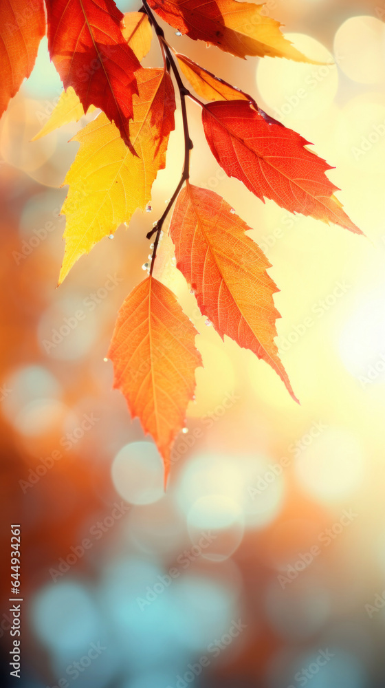 Red, orange, yellow leaves on bokeh background. Autumn wallpaper