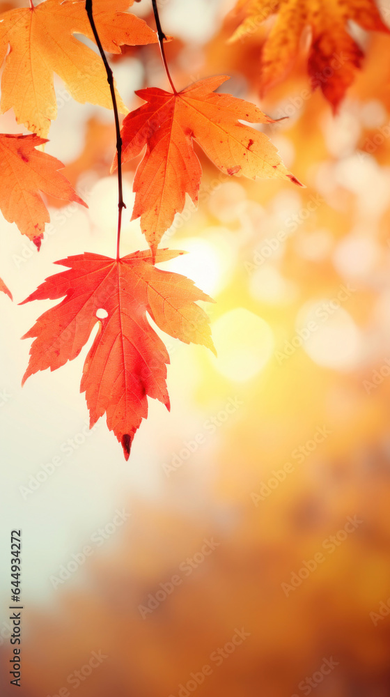 Fototapeta premium Red, orange, yellow leaves on bokeh background. Autumn wallpaper