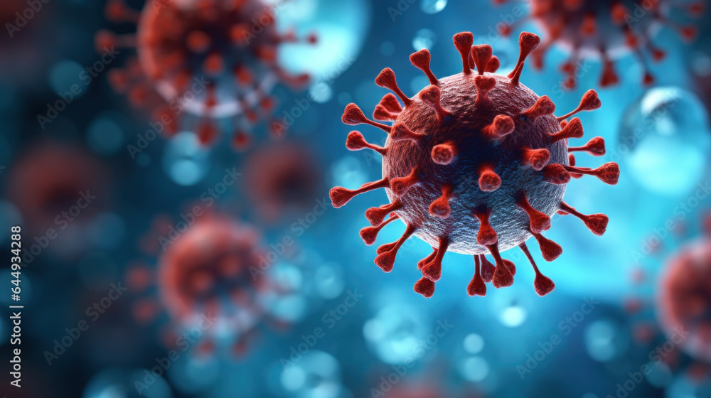 Focus on one virus, blurred background, copy space Focus on one virus, blurred background, copy space
