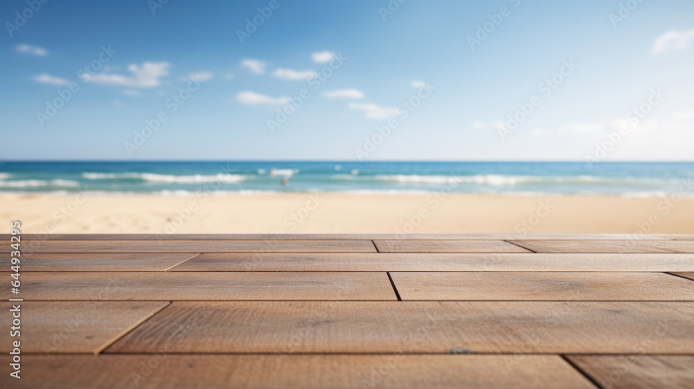 Empty wooden deck with blurred beach for product presentation