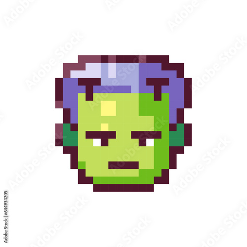 Pixel Art Frankenstein. Retro 8bit Style Halloween Decor Monster Head Illustration. Ideal for Sticker, Retro Decorative Video Game Element, Game Asset, Emoji, Avatar or Cute Geek Patch.	