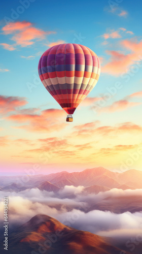 Hot air balloon in horizon sky, morning sunlight