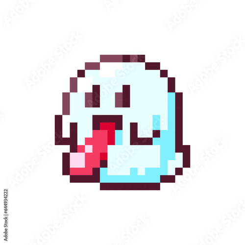 Pixel Art Ghost. Retro 8bit Style Halloween Decor Cute Spirit Illustration. Ideal for Sticker, Retro Decorative Video Game Element, Game Asset, Emoji, Avatar or Cute Geek Patch.	