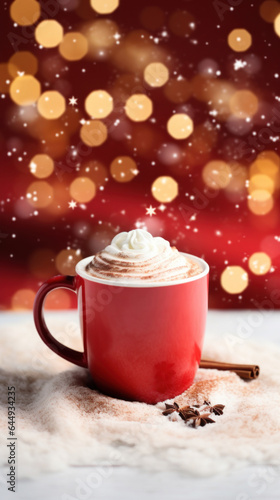 Hot chocolate in red cup on christmas background.