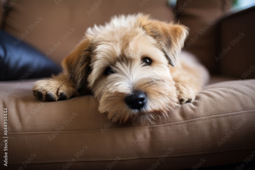 Adorable fluffy wheaten terrier dog relaxing on the couch Adorable fluffy wheaten terrier dog relaxing on the couch