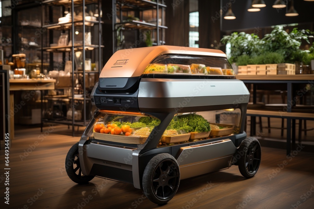 Robotic assistant or service robot for serving foods in restaurant. Created with Generative AI