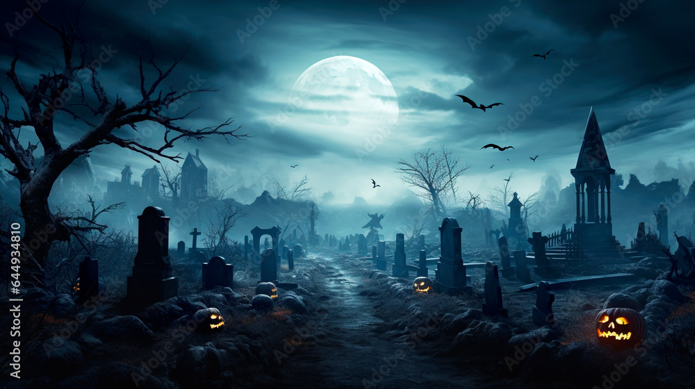 Pumpkins In Graveyard In The Spooky Night