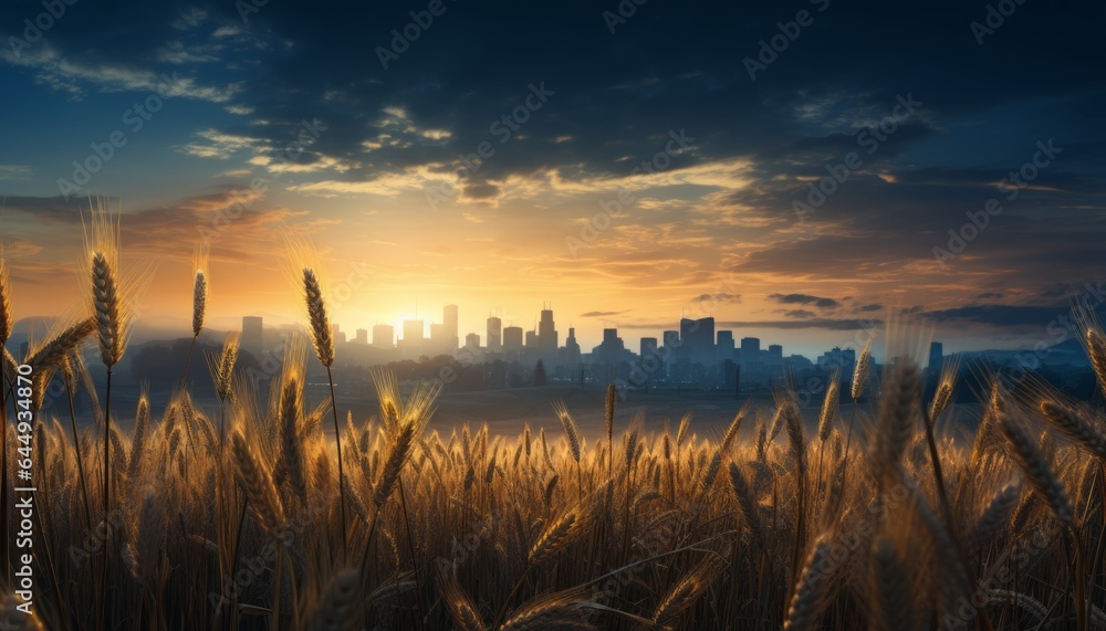 Harvest wheat field on the background of the city, cargo transportation of grain to Africa. Made in AI - obrazy, fototapety, plakaty 