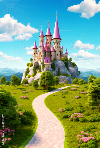 Magic kingdom in cartoon style with a road to the castle in a green meadow.