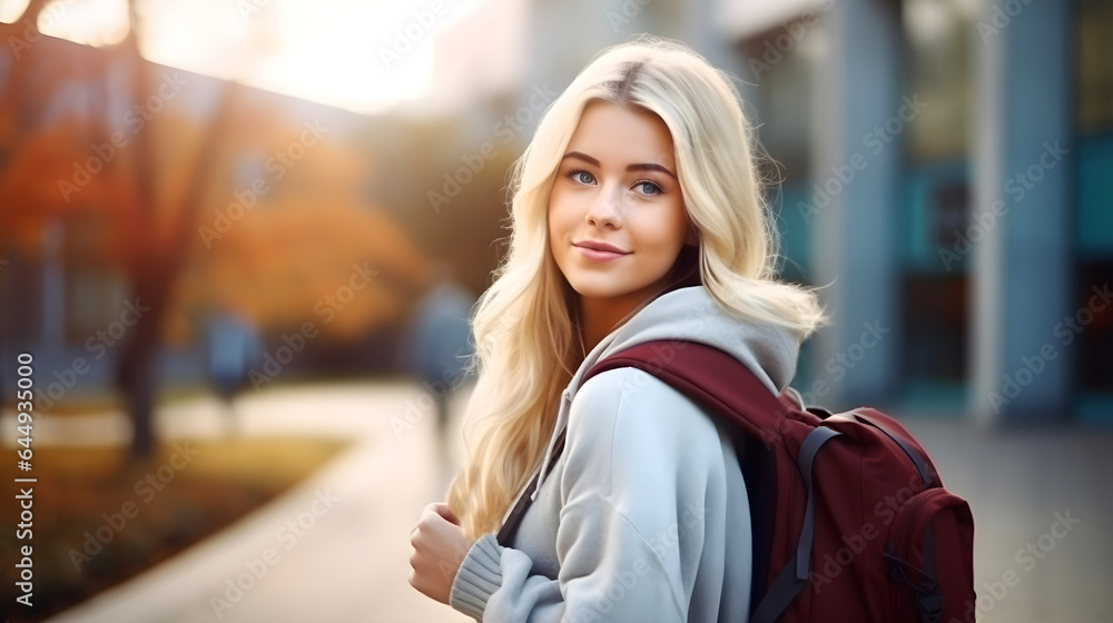 Young beautiful happy smiling blonde hair Scandinavian girl with curly long hair looking towards the camera, wearing casual clothes and backpack with college campus in background in sunflare