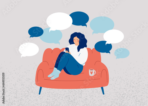 Sad Woman scrolling phone and reads negative comments or news.Female teenager receive bad messages from social networks.Cyberbullying and psychological abuse in internet. Mental health concept.Vector