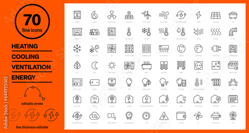 heating icons, cooling icons, ventilation icons, energy icons, set of vector linear icons, heating and cooling icon set, outline energy sources symbols, eco house, smart home systems icons pack