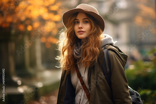 Young woman wearing jacket, hat and bags outdoors on autumn day looking at camera