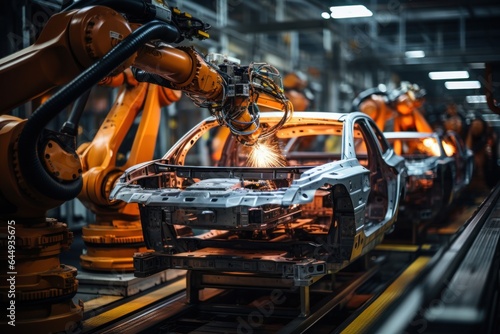 Car Production line Robotic welding in the industrial mega factory with generate Ai.