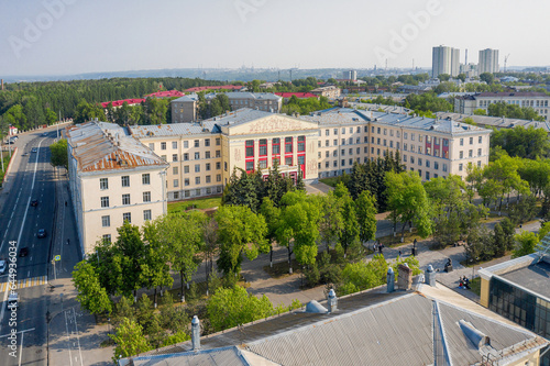 Republic of Bashkortostan, Ufa city in summer: the main building of the Ufa State Petroleum Technical University (USNTU). Aerial view.