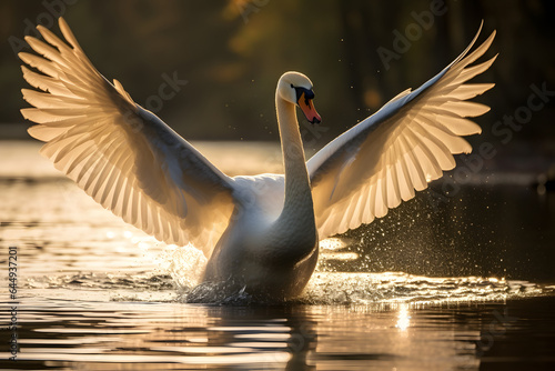 Fototapeta Naklejka Na Ścianę i Meble -  Beautiful swan with spread wings on gentle sunlight