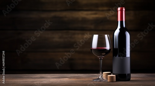 red wine bottle and wineglass with wooden wall background, Generative Ai