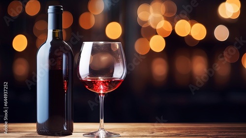 red wine bottle and wineglass with bokeh light, Generative Ai