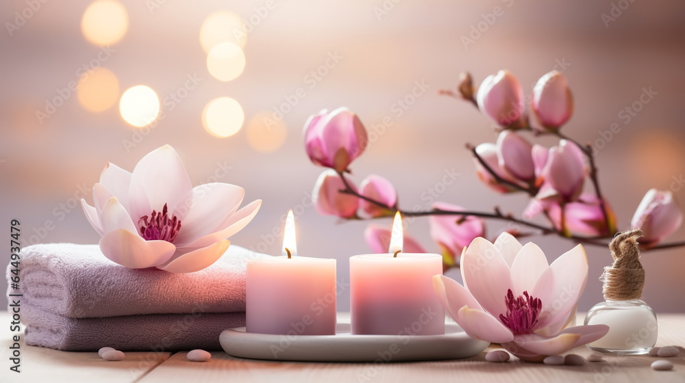 luxury spa with pool ,candles,magnolia flowers in cozy massage salon