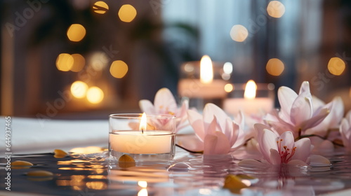 luxury spa with pool ,candles,magnolia flowers in cozy massage salon