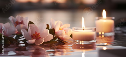 luxury spa with pool ,candles,magnolia flowers in cozy massage salon
