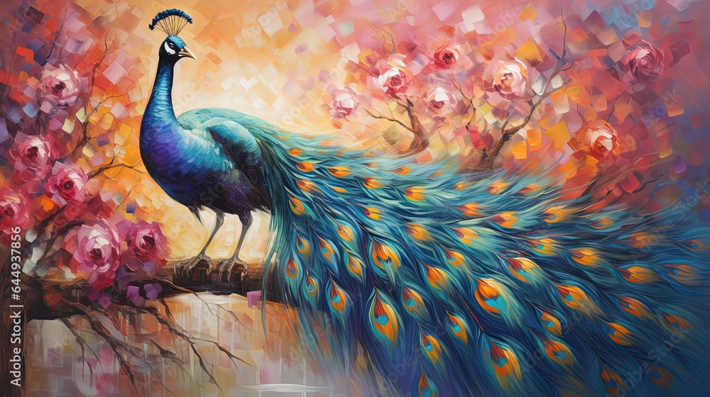 Fototapeta premium painting style illustration, beautiful peacock in flower garden, Generative Ai 