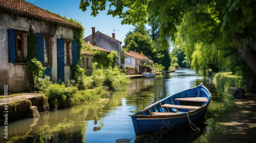 a boat and small houses on the river photo