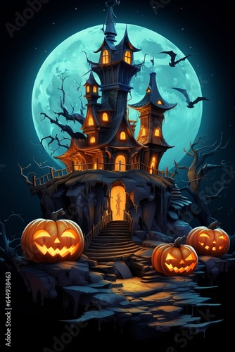 Graphic design style haunted house. Pumpkin heads. Halloween Witch Castle Bat Pumpkin Animation Style