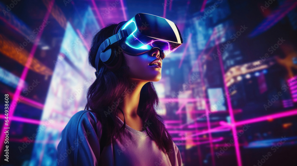 Young woman using glasses of virtual reality on dark colorful neon background Young woman using glasses of virtual reality on dark colorful neon background