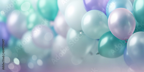 Background with blue, silver, purple, green, white balloons