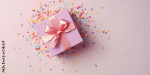 Gift box with satin ribbon bow on pale colorful background. Holiday gift with copy space. many golden confetti . Birthday or Christmas present, flat lay, top view © red_orange_stock