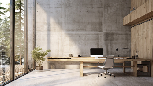 Concrete walls modern work office, wooden deck in a clean and bright environment. 
