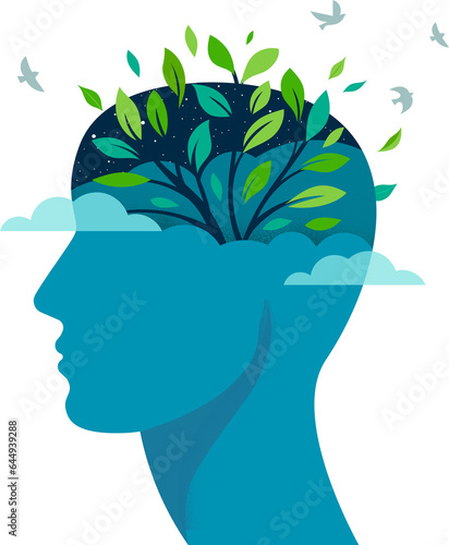 Human head with birds and green tree branches. Mental health concept Illustration