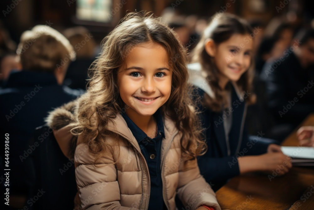 girl  pupil at school at his desk close up