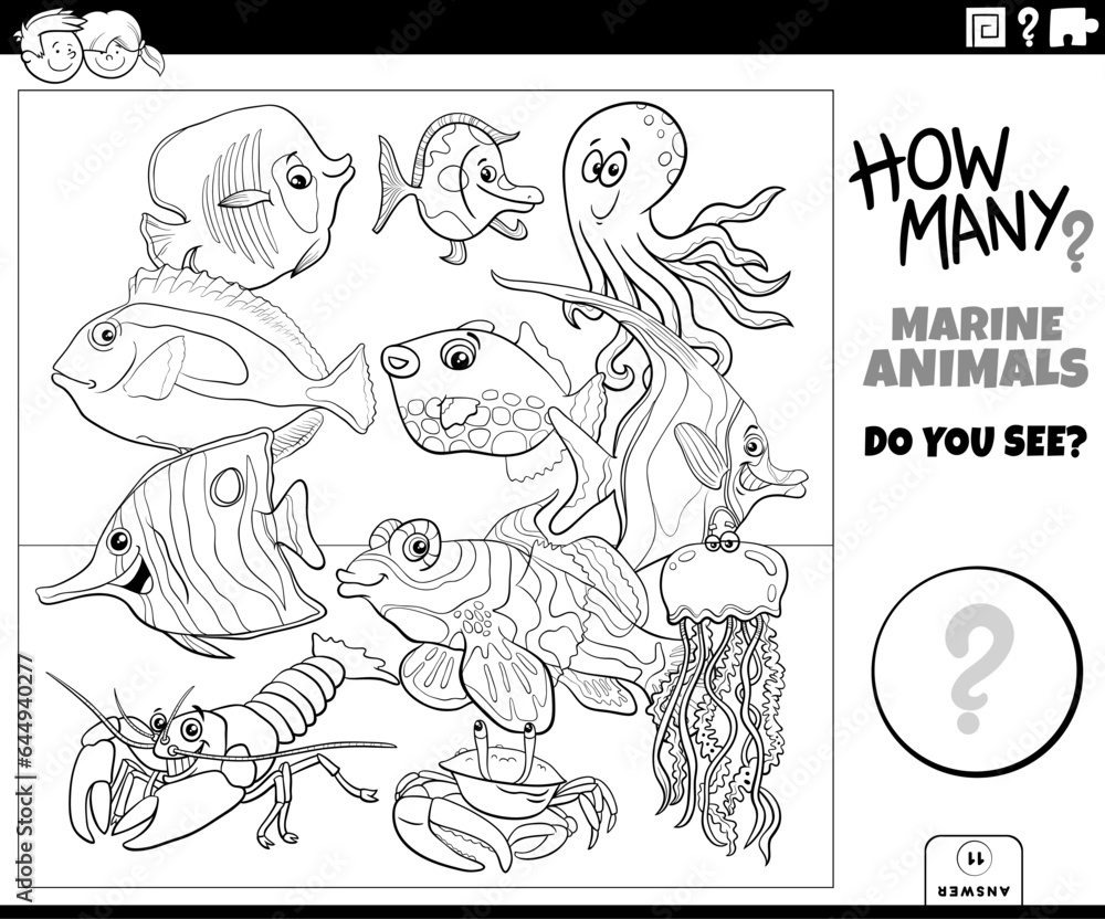 Obraz premium counting cartoon marine animals educational activity coloring page