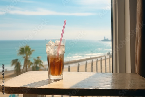 Glass of cola with ice on wooden table, sea on background