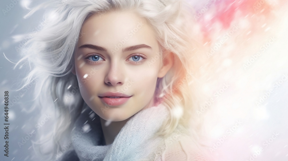 The face of a woman with white hair in the snow.Beautiful woman with long white hair watercolor illustration, horizontal copy space background. Ai.Abstract fashion concept.