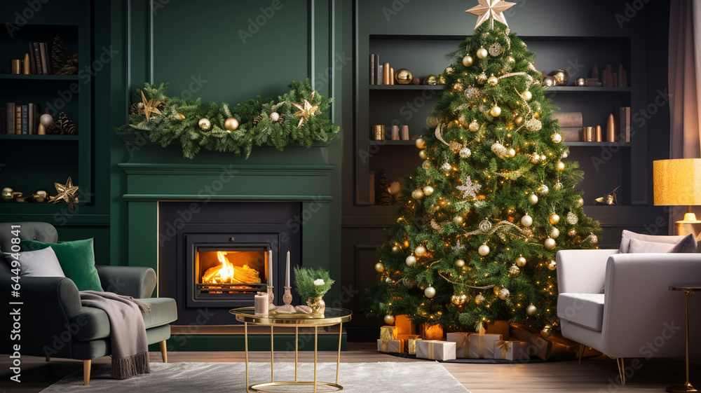 Beautiful green Christmas tree with decorative round balls in a room with a burning fireplace