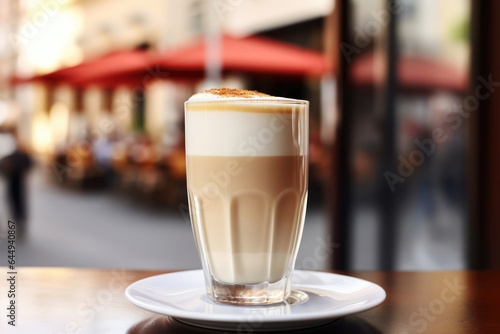 Cup of coffee on wooden background  city in the background