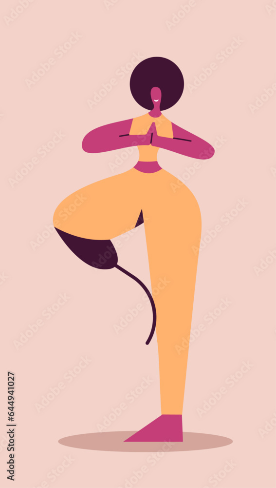 A black girl with an afro haircut does yoga with disabilities. Vector flat illustration of prosthetic woman in sport inclusivity concept. Disabled people show sporting spirit.