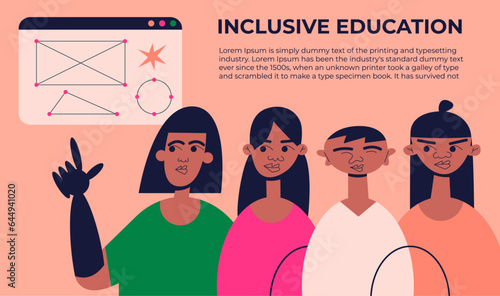 Group of diverse children studying. Inclusive education for children with disabilities. Flat vector illustration.