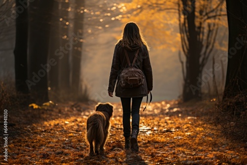 woman walking with her dog in park