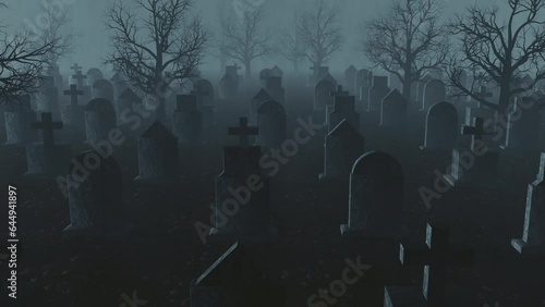 A 3D animation of a slow flight above creepy cemetery against a foggy background. It can be used as background in Halloween events, intros, trailers, etc.
