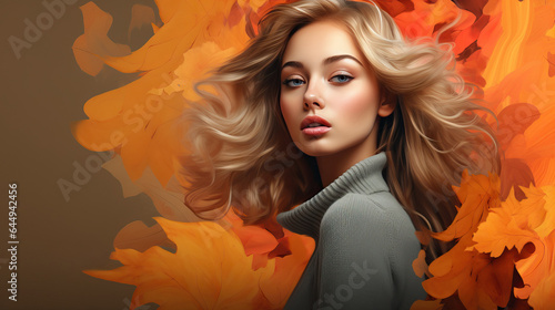 Portrait of woman on abstract background with leaves. Fashion autumn banner in style of realistic illustration. 