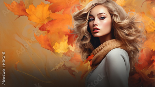 Portrait of woman on abstract background with leaves. Fashion autumn banner in style of realistic illustration. 