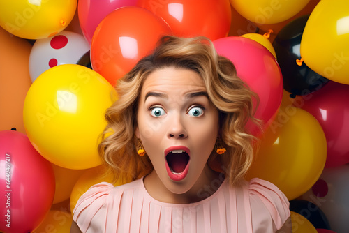 Absolute Amazement A Portrait of a Woman with Eyes Wide Open, Mouth Agape, in Utter Surprise and Excitement, Set Against a Background of Colorful Helium Balloons © Asiri